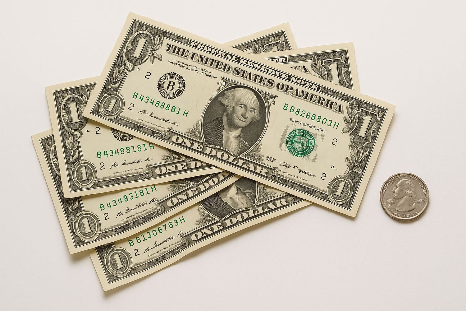 4 dollar bills and 1 quarter