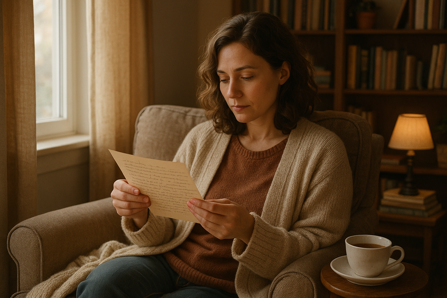 woman reading letter in home